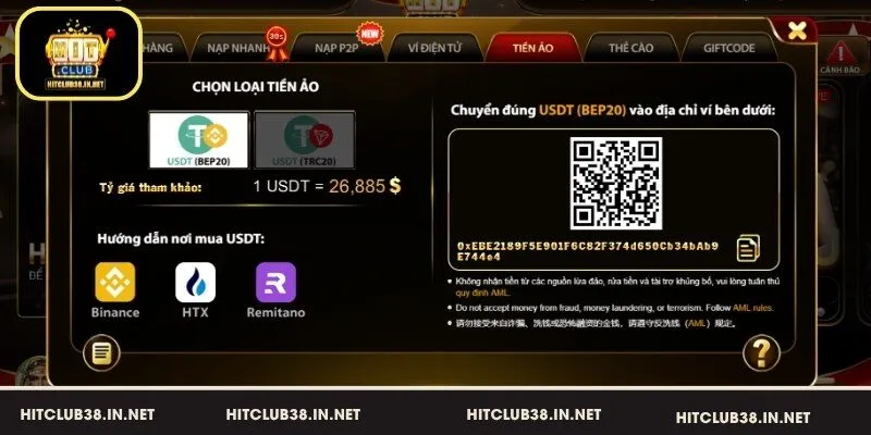 Cách gửi tiền vào HitClub bằng crypto nhanh chóng