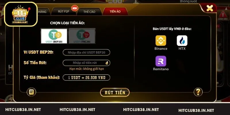 Cách rút tiền HitClub bằng tiền điện tử